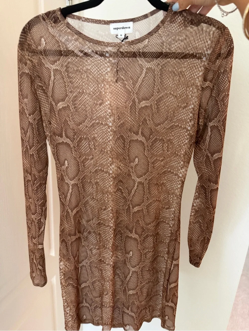 superdown Brown Snake-Print Sheer Long-Sleeve Top